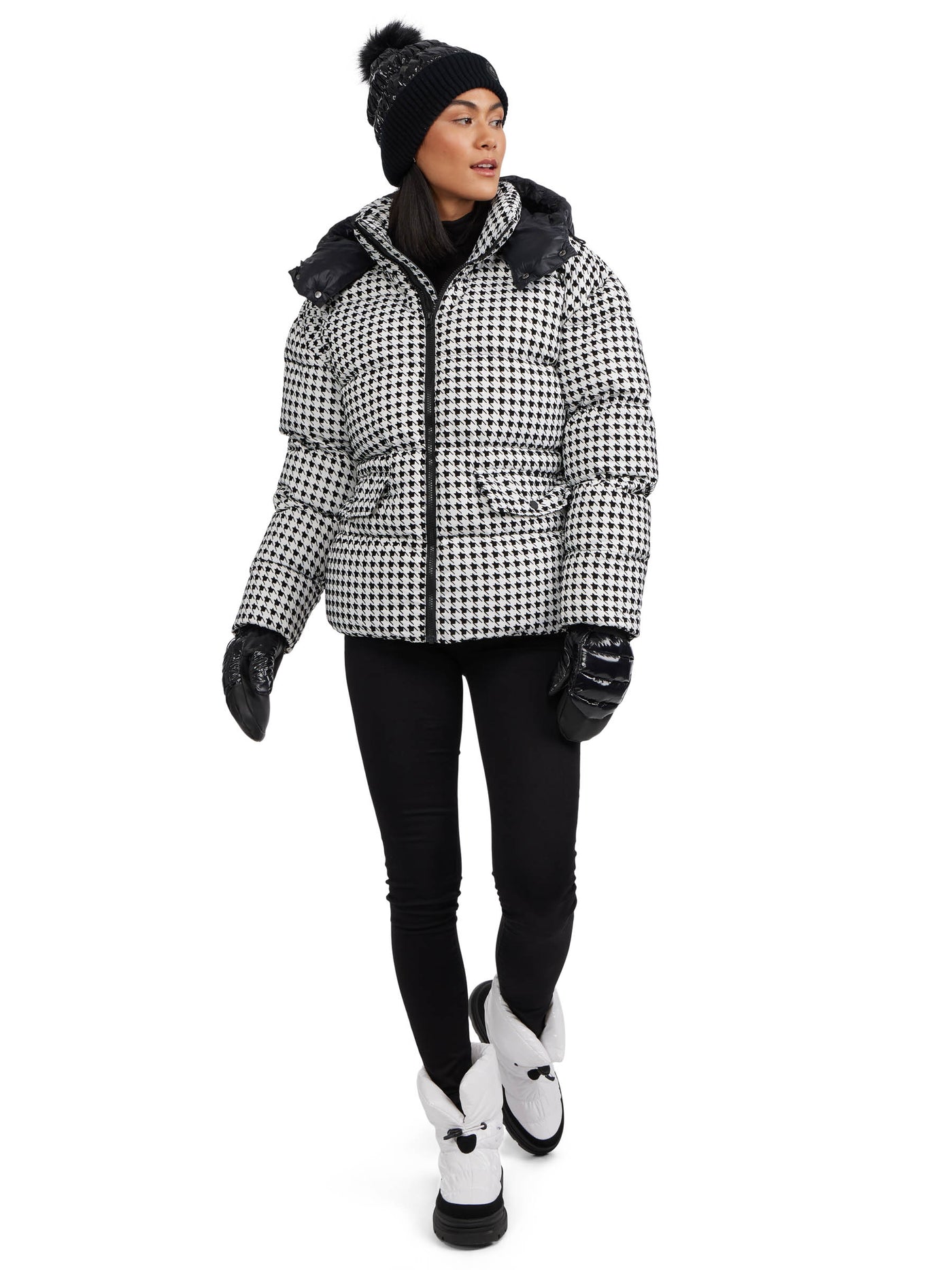 Ascella Women's Boxy Fit Houndstooth Short Puffer Jacket